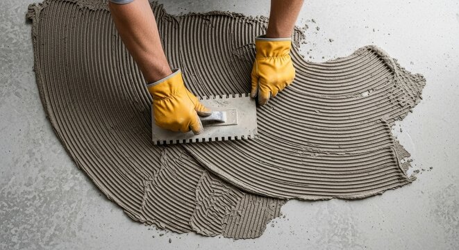 Top-down view of worker in yellow gloves applying grey adhesive mortar with trowel for floor tiling