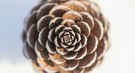 Symmetrical pine cone with delicate hoarfrost displayed on soft white winter backdrop