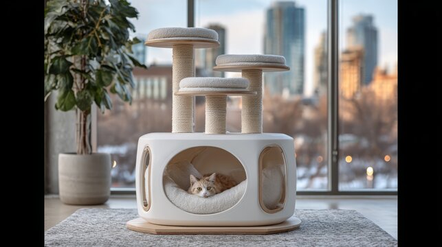 A sleek white cat condo with scratching posts and soft cushions stands by a bright window, with a relaxed cat inside and a blurred urban skyline beyond for pet lifestyle themes.