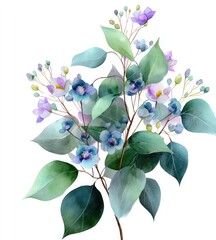 Watercolor floral arrangement with teal eucalyptus leaves and blue/purple flowers