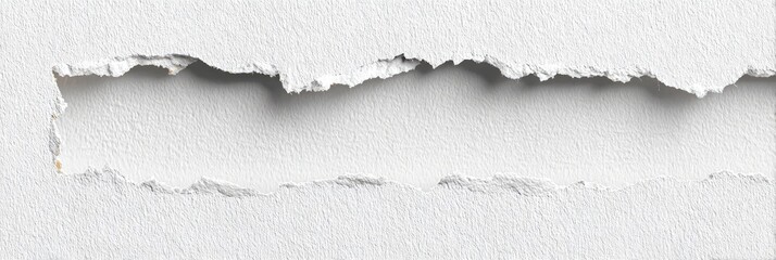 Close-up of ripped, textured white paper creating a horizontal rectangular aperture