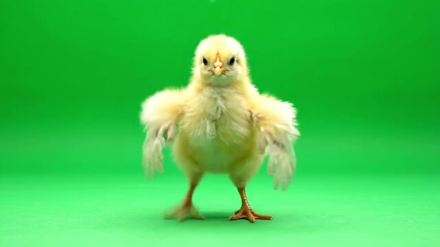 A fluffy yellow chick stands confidently on a vibrant green background, its small wings slightly raised.
