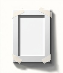 Empty white frame with tape attachments on a bright background