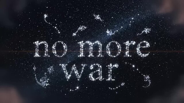 Storm clouds shaped like dragons clash then a golden harp string calms them into star constellations reading no more war