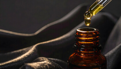 Glass Dropper Releasing Golden Serum Into Amber Bottle