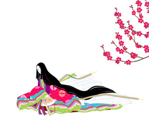 日本の伝統的な着物の正装。十二単衣の装束。紅梅と平安女性。