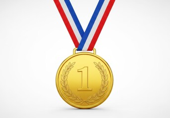 Golden first place award hangs from a red white and blue ribbon against a light background