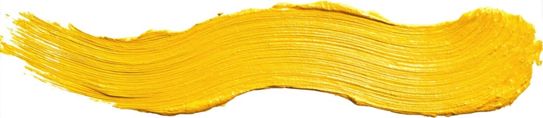A textured, flowing brushstroke of vibrant yellow paint on a clean white background