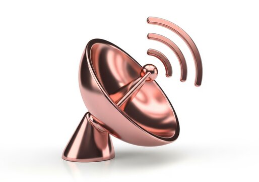 Polished metallic communication dish broadcasts wireless signals above a white surface