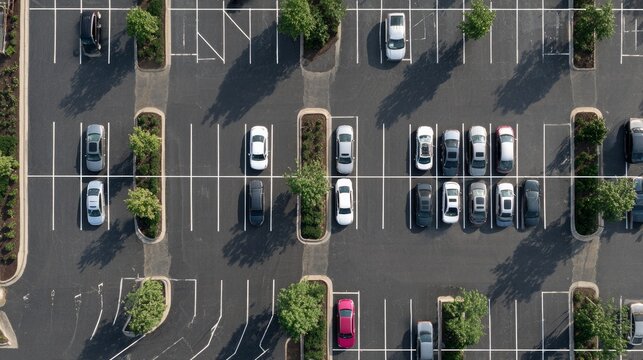 Cars are absent from outdoor parking lots, showing white lines.