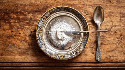 Fototapeta premium Dish with powder and tool rests on wood surface from above.