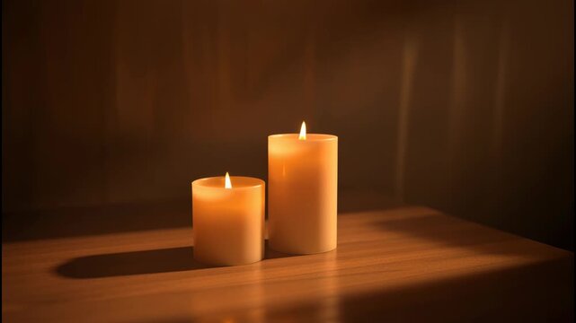 Soft glowing candlelight wooden surface and two burning pillar candles with warm wax flame glow