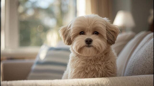 Small fluffy dog sitting on sofa in warm living room light with soft sunlight cozy puppy