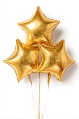 Shiny golden star-shaped balloons, clustered together, against a plain white background