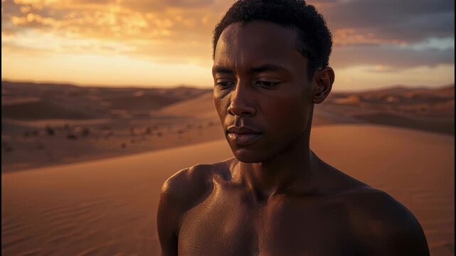 Desert sand dune sunset warm light portrait of shirtless young man with contemplative expression
