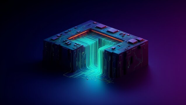 Abstract Futuristic Circuit Board with Glowing Data Streams