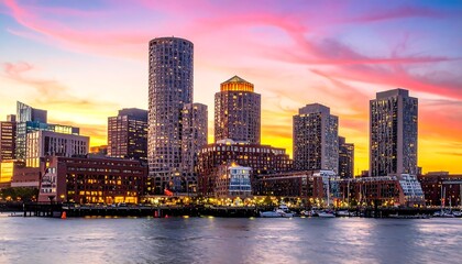 Obraz premium Skyline of a city at sunset, with buildings reflecting the colorful sky over the water