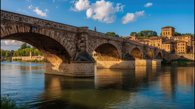 Ancient stone bridge arch over calm river with evening light reflection and historic architecture