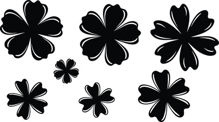 PrintSet of black silhouette flowers with five petals icons featuring various floral bloom shapes for nature garden spring and summer decorative design elements.
