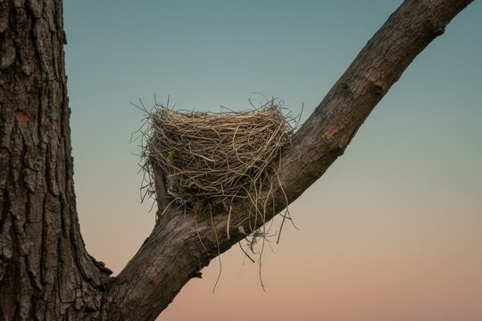 Empty bird nest resting on tree branch