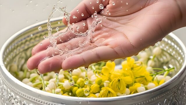 Flowers in Thai silver bowl, flowers in silver water bowl, Flowers in traditional Thai style, Songkran festival concept
