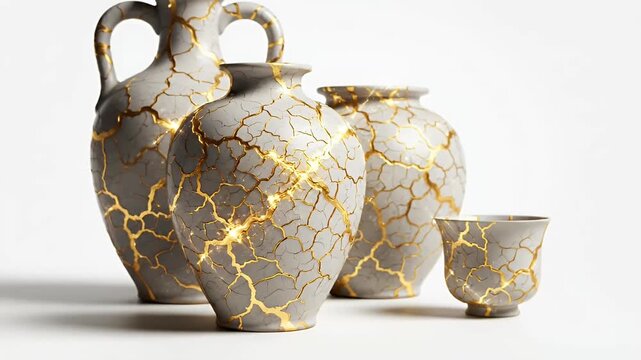 Kintsugi Japanese Pottery Collection Golden Repair White Background Studio