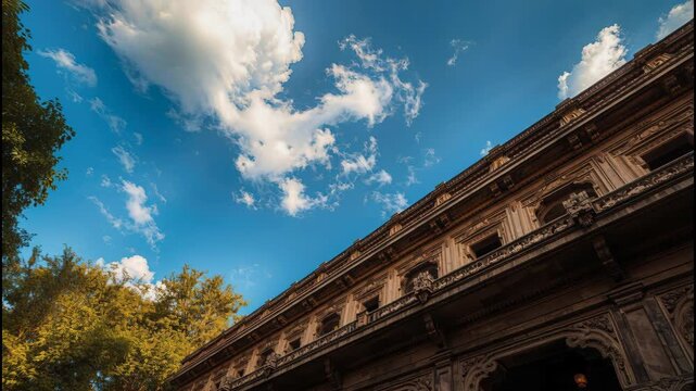 Ornate historic building facade with blue sky and clouds, warm light, leafy trees, evocative