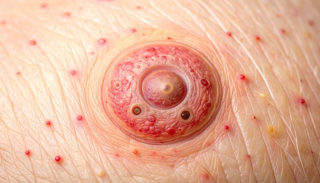 Close-up of an infected stoma with surrounding skin irritation and small red bumps, indicating a medical condition requiring attention.