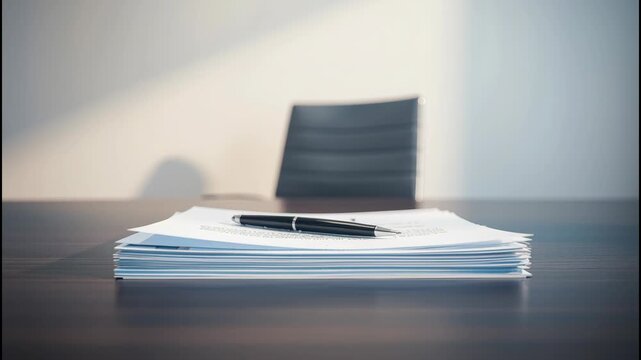 Stack of contract documents and pen on conference table in professional office scene