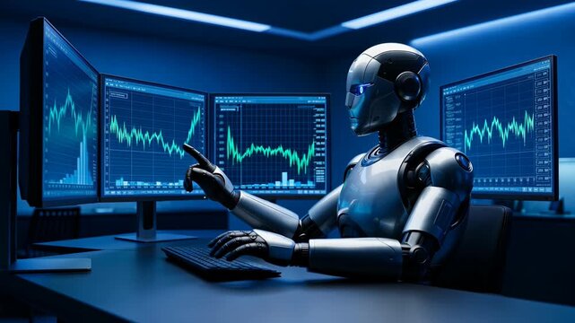 A robot utilizing Artificial Intelligence analyzes data on multiple screens in a darkened room.
