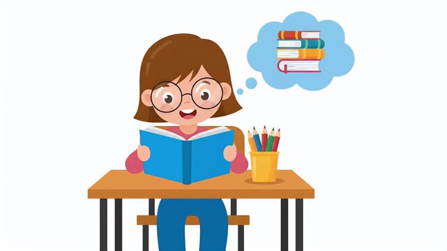 Little Girl Reading Book at Desk Colorful Pencils Light Background