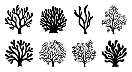 Collection of black coral silhouettes with branching shapes.