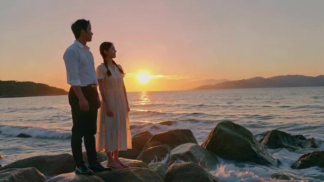 Materials of couples standing at sunset by the sea, sunset photos of couples by the sea