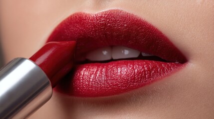 Naklejka premium Woman applying red lipstick to lips close up