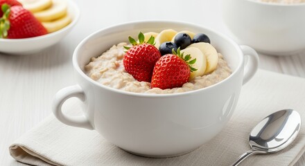 Delicious Oatmeal Bowl Topped with Fresh Berries and Banana Slices.