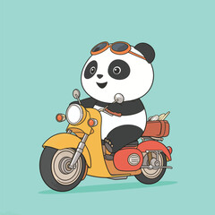 A panda character rides a yellow motorcycle with a big smile, enjoying a fun moment. The background is bright and cheerful.