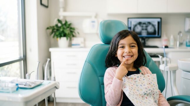 Happy Young Girl Smiling in Dental Chair at Modern Dentist Office.