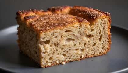 Slice of homemade sweet cake with cinnamon sugar topping
