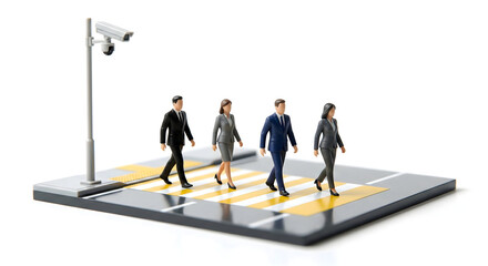 横断歩道の安全を監視するAIカメラと通りを渡るビジネスパーソン