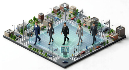 都市全体の防犯カメラとデータを統合して市民を見守る監視イメージ