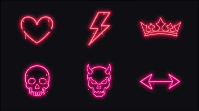 Six vibrant pink neon-style icons including a dripping heart, lightning bolt, crown, skull, devil skull, and double arrow on a dark background.