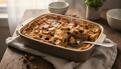 Warm raisin bread pudding in ceramic dish creating steam