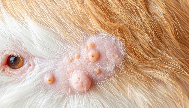 Close-up of a dogs skin with multiple small, pink, raised bumps, possibly warts or skin tags, near its eye and brown fur.