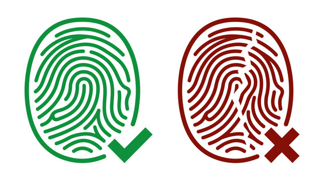 Comparison between a valid green fingerprint scan with a checkmark and an invalid broken red fingerprint with a cross mark for security identification.
