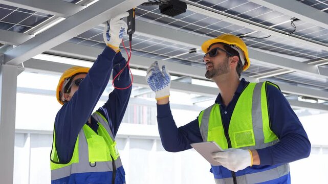 Professional technicians team working with digital tablet at solar power station for renewable energy, Engineers inspecting solar panel maintenance and electrical system check on rooftop