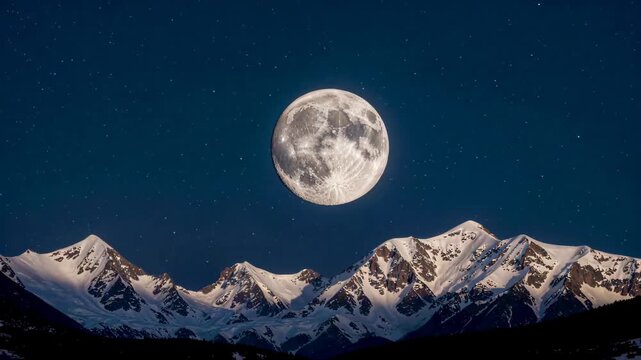 The full moon under the snow-capped mountains at night, and the bright moon above the snow-capped mountains at night