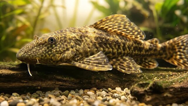 Close-up of Plecostomus Fish in Aquarium.