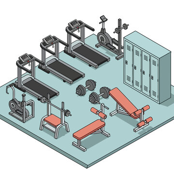 Modern gym equipment setup with treadmills and weights.