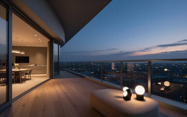 Fototapeta premium Modern balcony at dusk city lights glow below with warm interior