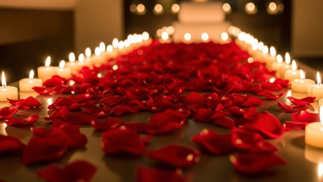 Romantic setting with red rose petals and lit candles for a special event